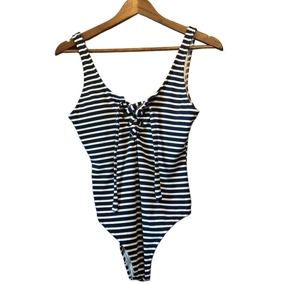 aerie Other - Aerie One Piece Swimsuit Womens Small Long Navy White Striped Lace Up Ribbed EX